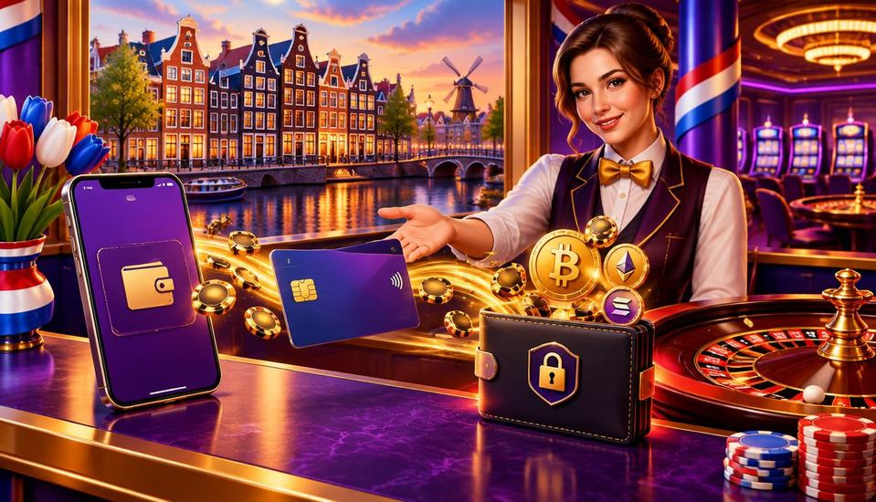 Cartoonillustratie van een casinoportemonnee, betaalkaart, telefoon, digitale munten en roulette aan een Nederlandse gracht