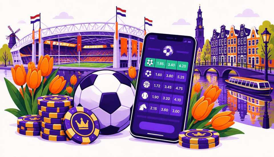 Cartoonillustratie van bookmakers zonder Cruks: smartphone met voetbalquoteringen, stadion, casinofiches en Amsterdamse grachten