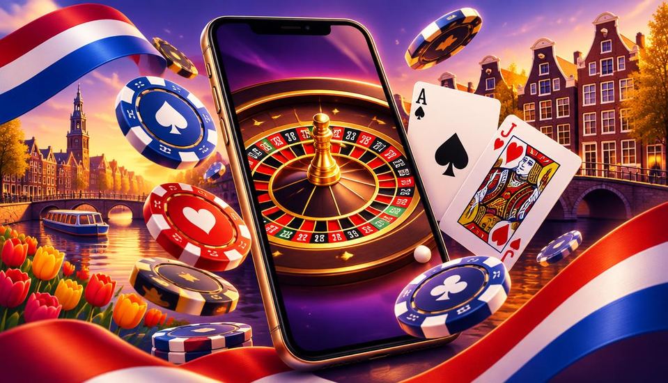 Cartoonillustratie van een online casino op een smartphone met roulette, speelkaarten, fiches en Amsterdamse grachtenpanden