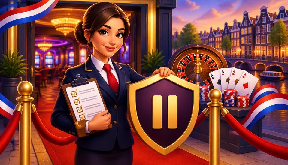 Cartoonillustratie van een Nederlandse casino-ingang met roulette, speelkaarten en een beschermend pauzeschild
