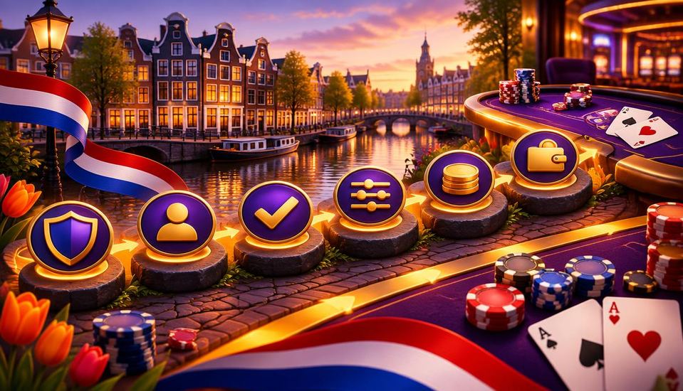 Cartoonillustratie van een veilig stappenpad langs account, controle, limieten, storting en uitbetaling naar een casinotafel