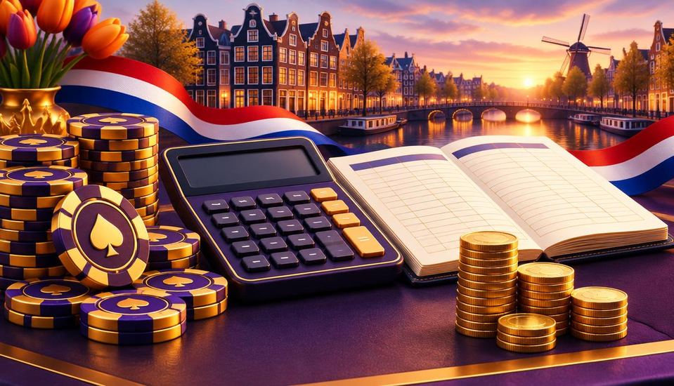 Cartoonillustratie van casinofiches, muntstapels, rekenmachine en administratieboek aan een Nederlandse gracht