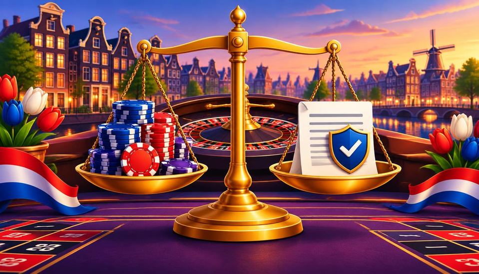 Cartoonillustratie van een gouden weegschaal met casinofiches en een beschermd vergunningsdocument in Nederlandse sfeer