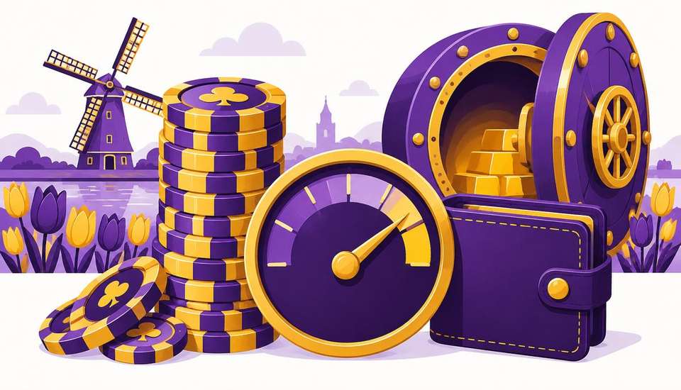 Cartoonillustratie van een casino zonder limiet: hoge stapel paarse casinofiches, meter op maximum, kluis en Nederlandse molen