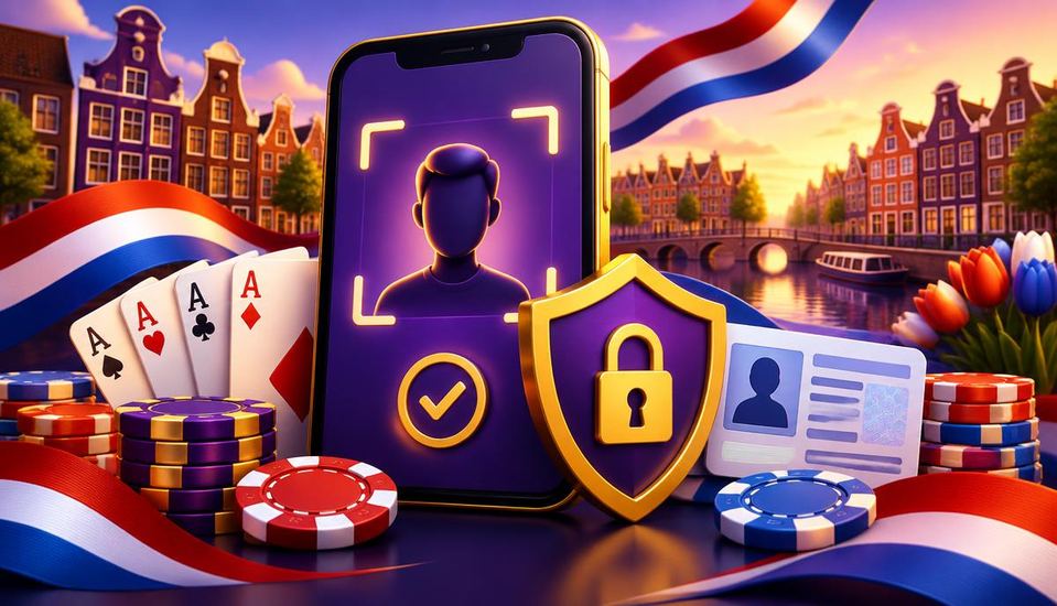 Cartoonillustratie van identiteitsverificatie op een telefoon met ID-kaart, slot, speelkaarten en Nederlandse accenten
