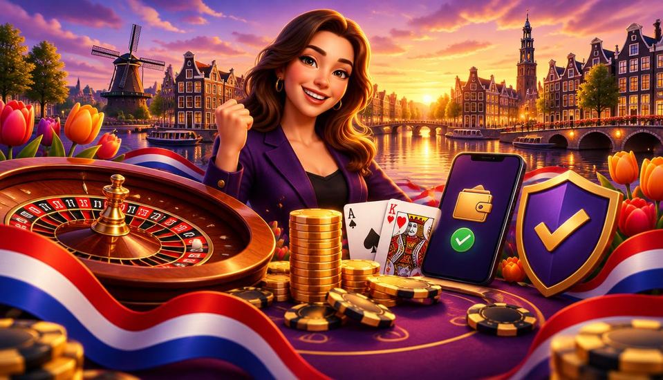 Cartoonillustratie met roulette, speelkaarten, casinofiches, telefoon, portemonnee en veiligheidsschild in Nederlandse sfeer