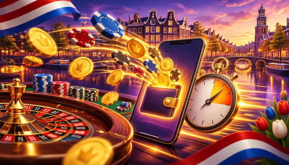 Cartoonillustratie van een snelle casino-uitbetaling met vliegende munten, smartphone, portemonnee en stopwatch