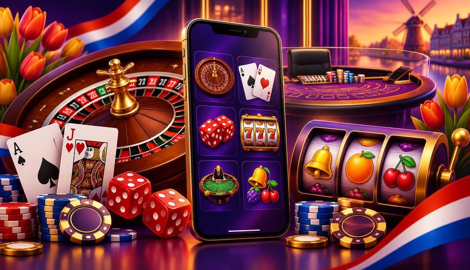 Cartoonillustratie van casinospellen op een telefoon met roulette, blackjack, dobbelstenen, slots en Nederlandse tulpen