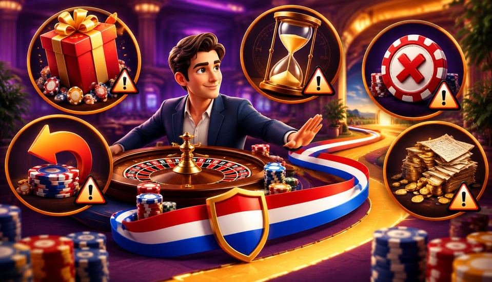 Cartoonillustratie van vijf casinovalkuilen rond bonus, wachttijd, inzet, geannuleerde opname en administratie