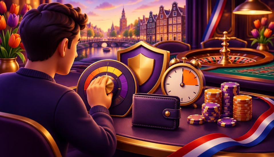 Cartoonillustratie van een speler die een limiet instelt naast een timer, gesloten portemonnee en beschermend schild