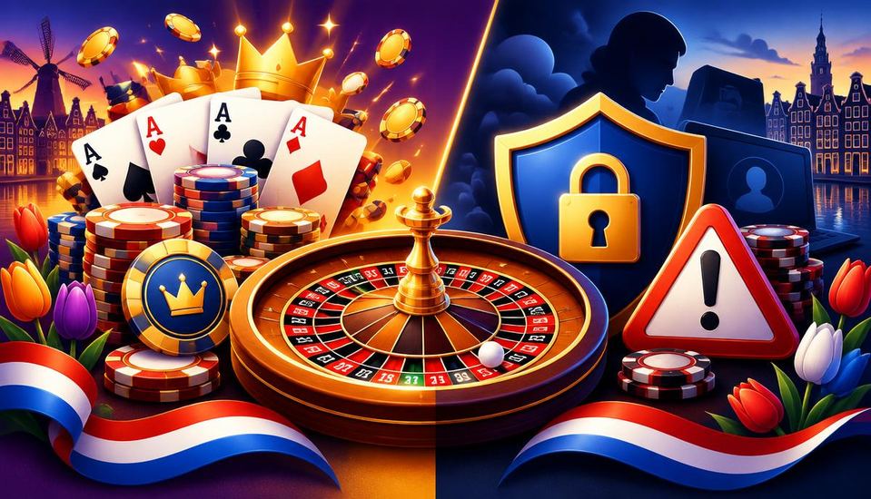 Cartoonillustratie met aan één kant casinowinst en aan de andere kant een slot en waarschuwing